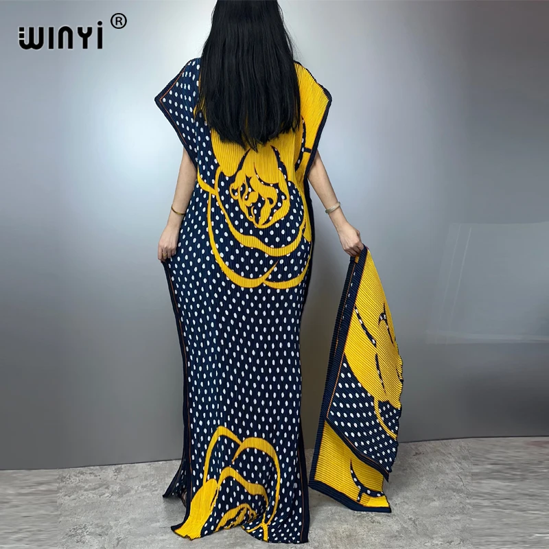 WINYI Gradient print pleated fringed dress Women crumple Design Loose robe Pleated sexy maxi party dresses poncho for women