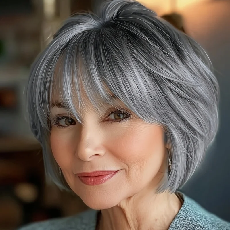 

Женский модный многослойный парик-боб серого цвета, прямой парик-боб серо-белого цвета «перец» с челкой, черно-серый синтетический парик