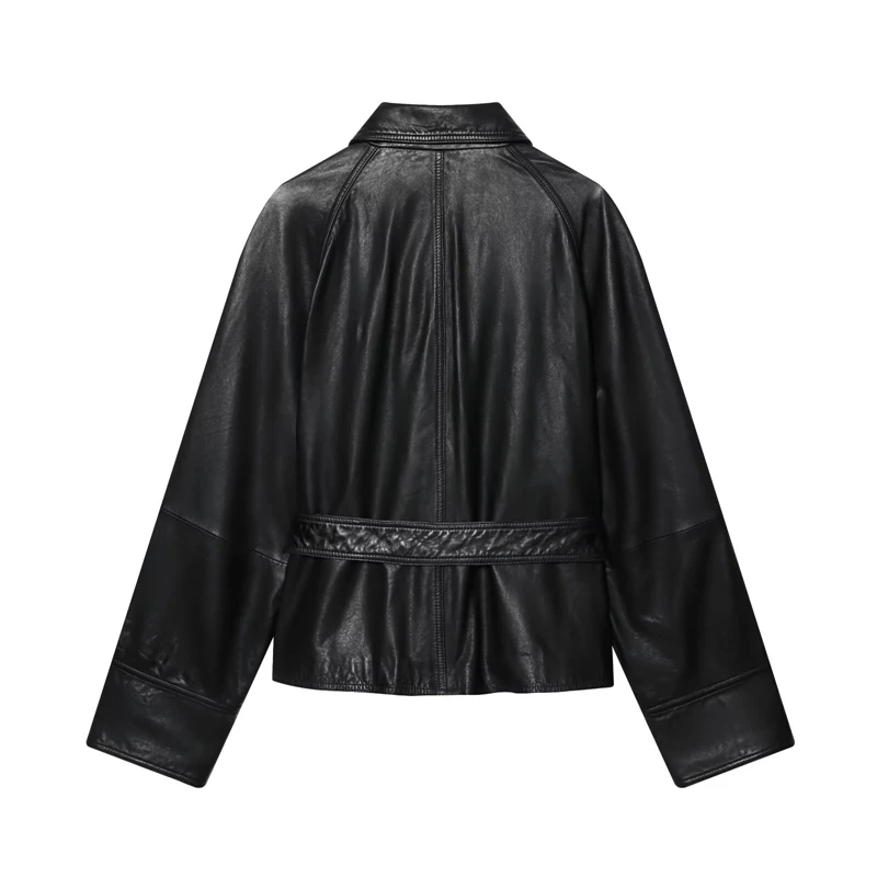 Women's Black Leather Jacket with Belt - Lapel Collar, Oversized Style, Vintage Inspired Motorcycle Coat