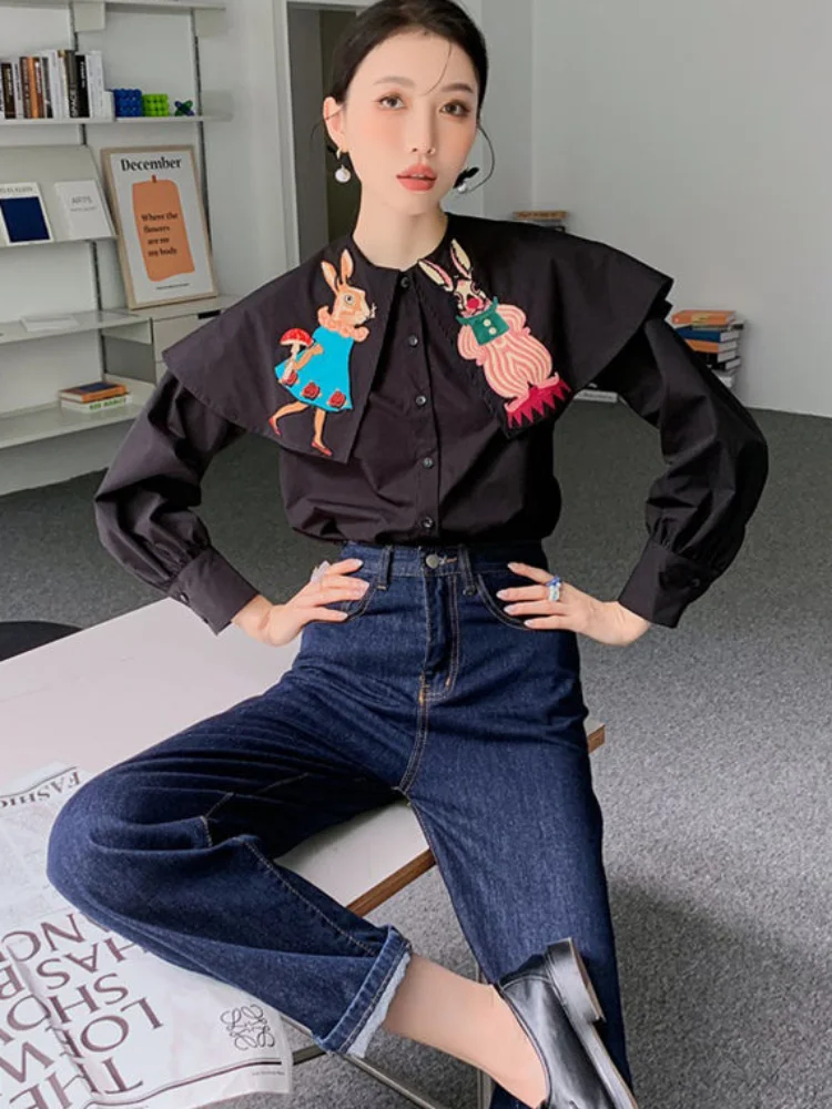 Woherb turn down Vintage Cartoon Rabbit Embroidery Japanese Style Blouse Women Casual Loose Black Shirts 2024 chic Cute Blusas