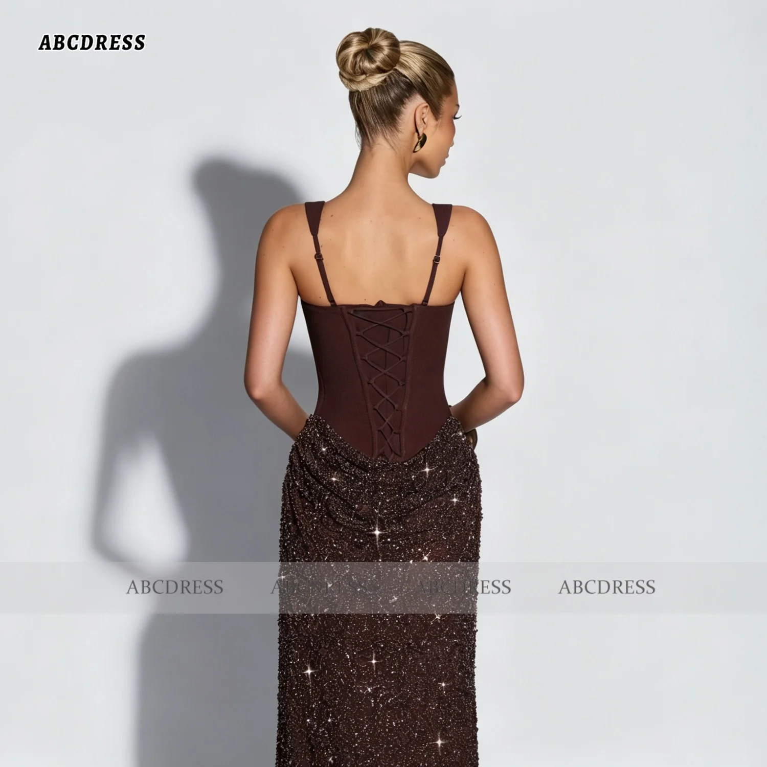 ABC Customized Brown Maxi length Corset Prom Dress With Internal Boning Square Neckline robes de soirée Crepe Draped skirt