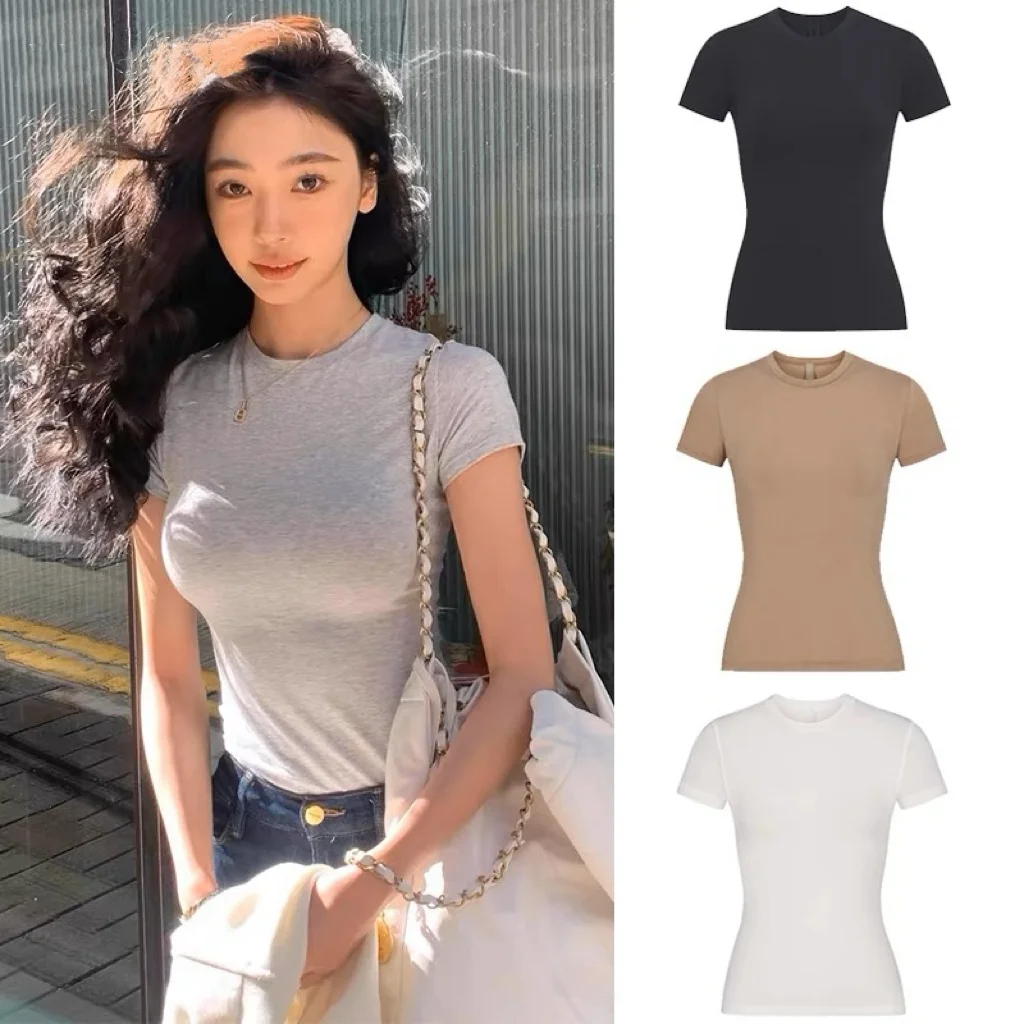 

Basic Fit ort Sve round Ne T-irt Women's Elastic Slim oulder Polyethylene 00% Material Sle Top
