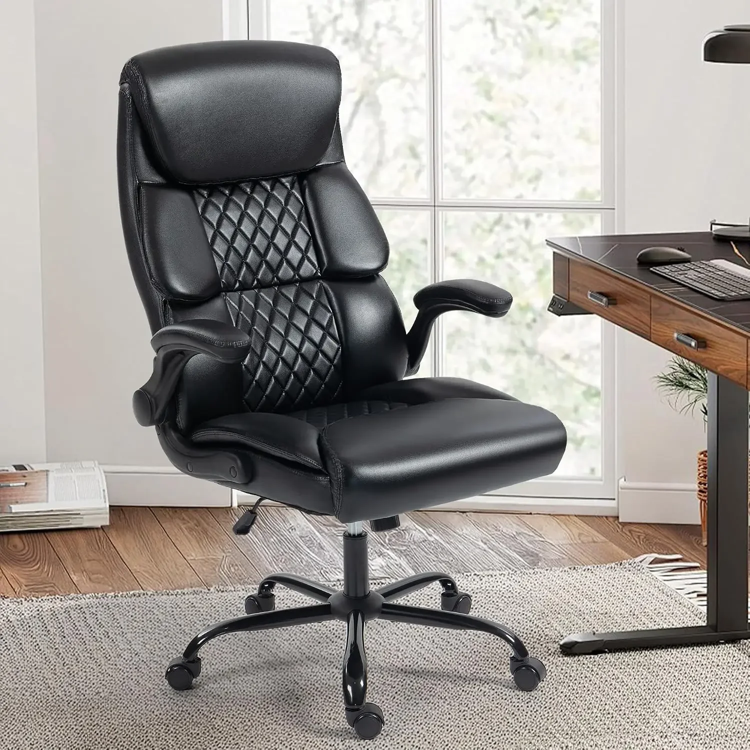 Office Chair - Ergonomic High Back Computer Desk Chair with Rocking Function & Lumbar Support - Executive Comfortable Wide Swivel Rolling Office Leather Chair with Flip-up Armrests for Home Gaming