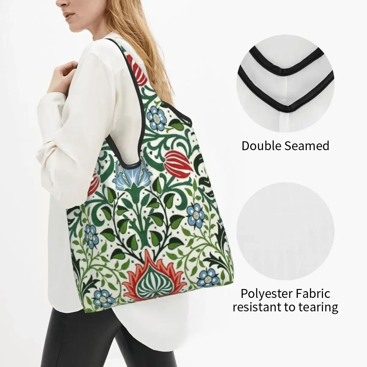 Funny Pomegranate Flowers William Morris Shopping Tote Bag Portable Floral Textile Desgin Grocery Shoulder Shopper Bag