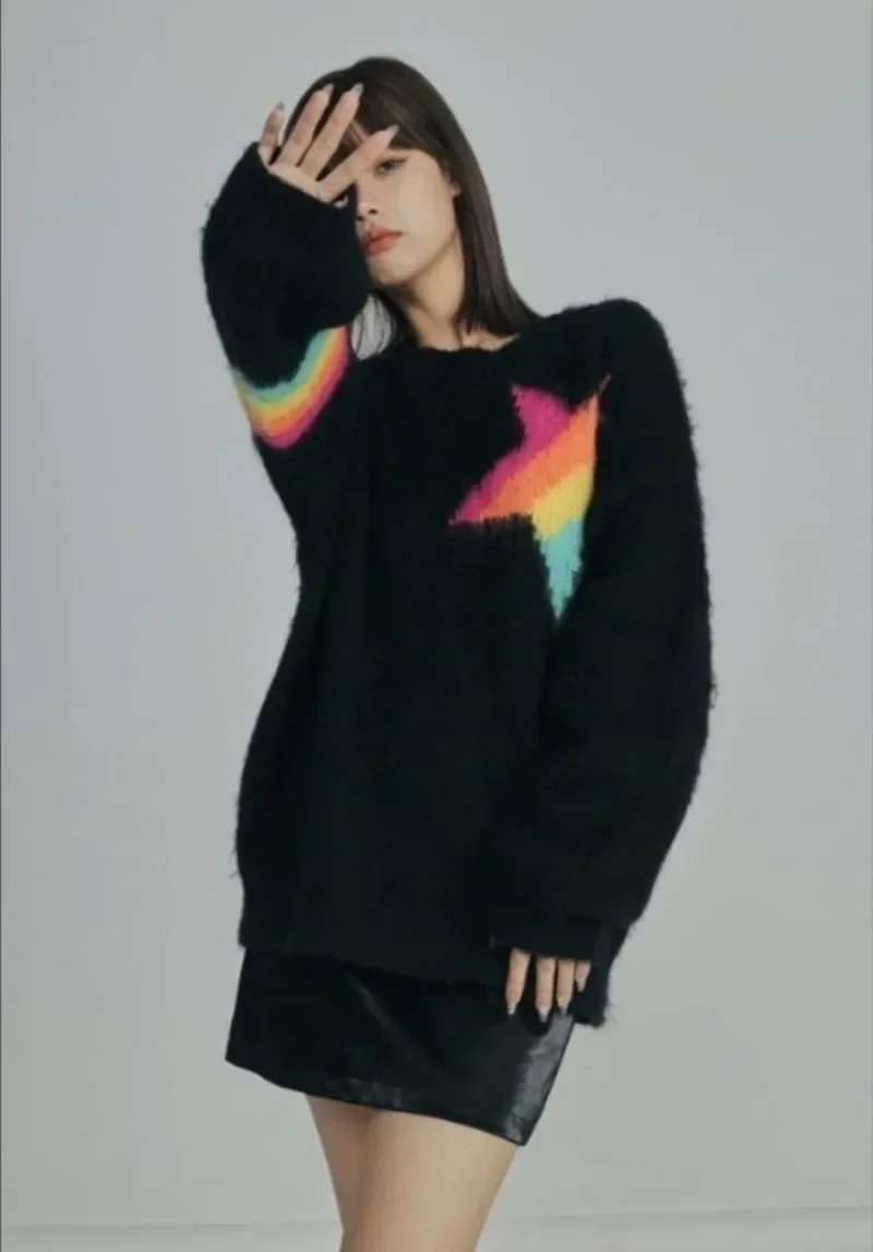 Mohair สีดํา O-คอเสื้อกันหนาว High Street Y2k สายรุ้งลาย Star Sueter Mujer ความยาวกลางอเมริกัน Retro Pullovers ผู้หญิง