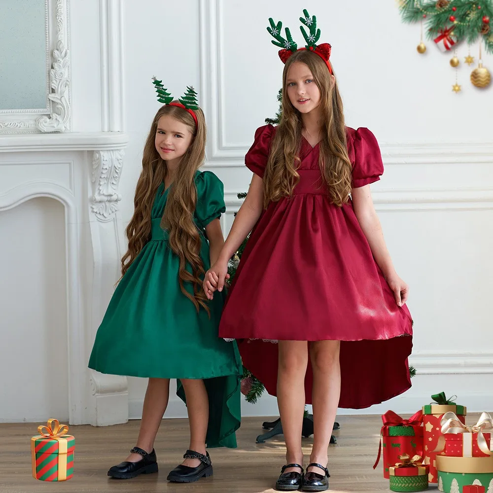 

Summer Children Girls Elegant Princess Dresses Irregular Christmas Short Sleeve Dress Fashion Kids Girl Ball Gown