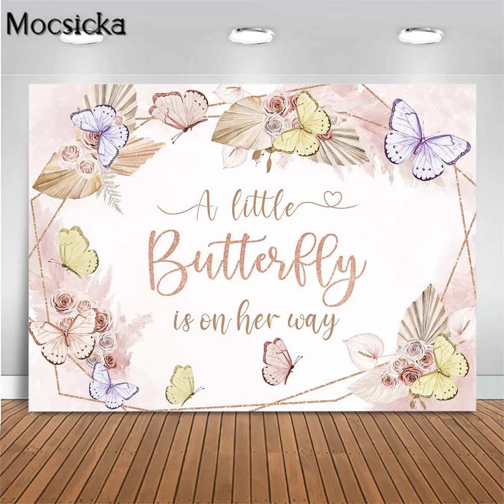 

Mocsicka Baby Shower Backdrop A Little Butterfly is on Her Way Photo Background Party Decoration Studio Shoot Props Pampas Grass