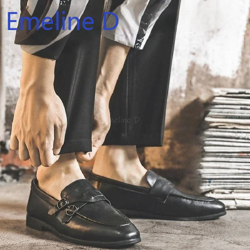 Men's Retro Small Leather Shoes Fashionable and Simple Shallow Cross Buckle Design Casual and Comfortable Flat Bottom Loafers