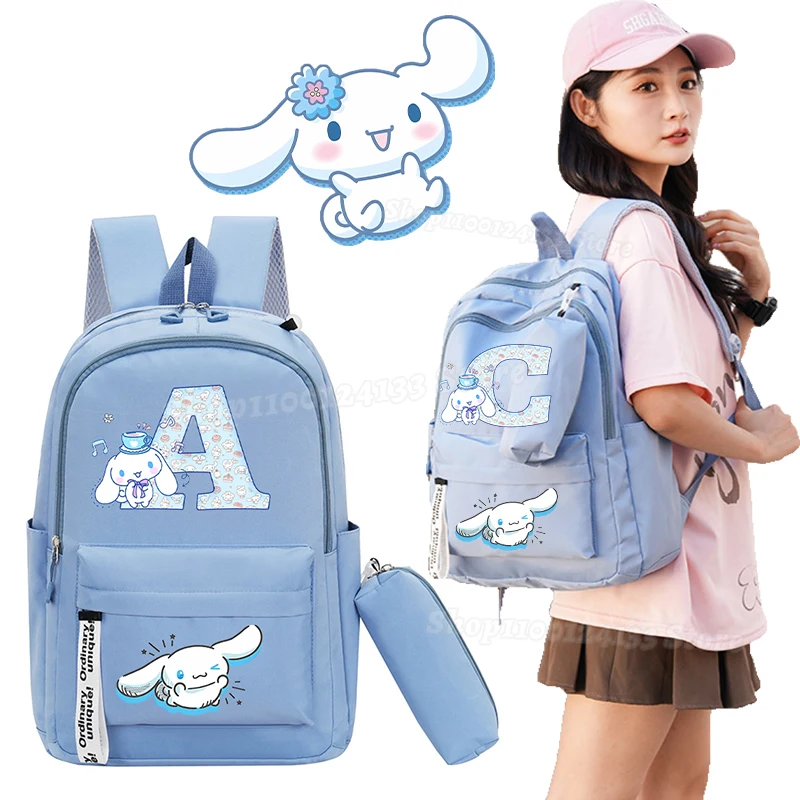 

Cute Cinnamoroll Woman Kids Backpack Pencil Case 2 Piece Set Sanrio Letters A-Z Anime Print Kawaii Girl Student Back School Bags