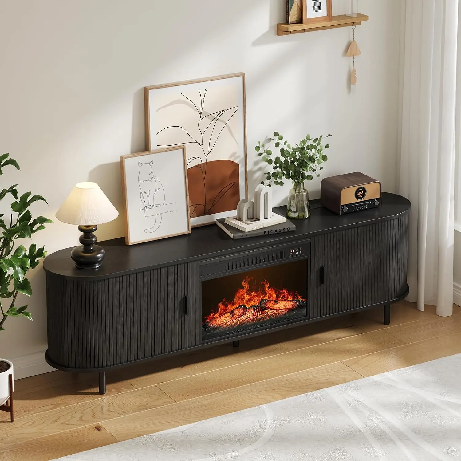 70.8 Inch Large Mid-Century Modern Fluted Black with 23