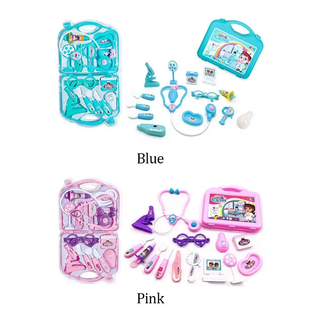 15PCS Rosa Blau Kinder Familie Arzt Set Stethoskop Kunststoff Tragbare Medizin Box Spielzeug Mini Ausrüstung Zubehör