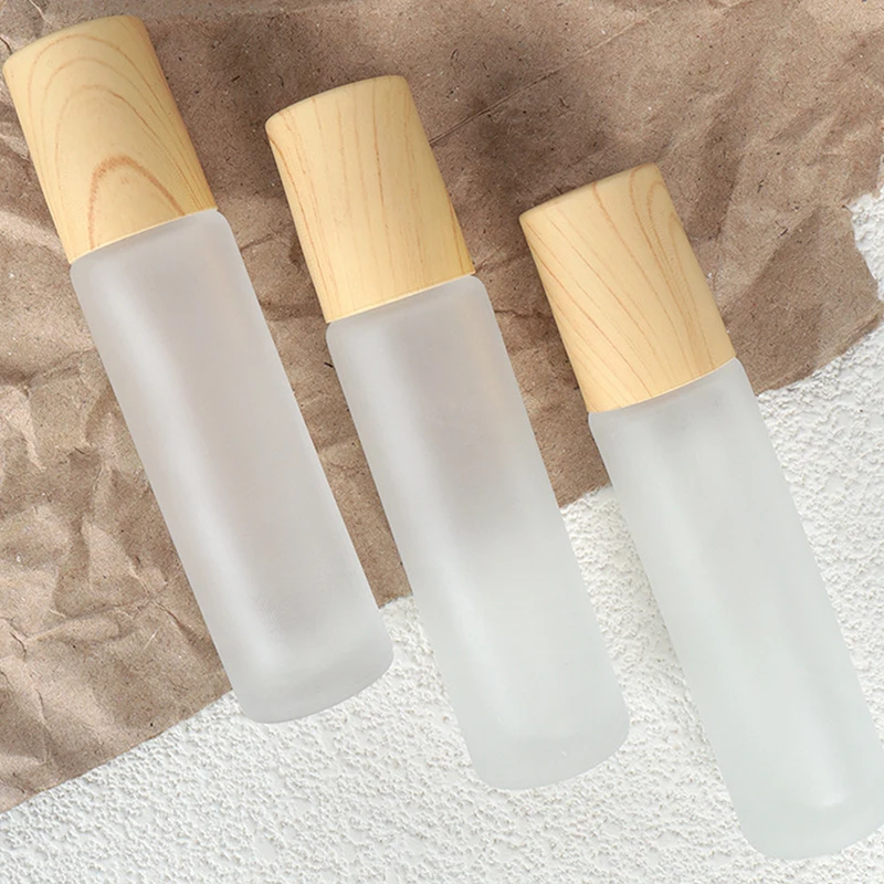 5ml10ml Frosted Glass Roller Bottle Wood Grain Plastic Cap For Essential Oils Roll-On Bottle With Stainless Steel Roller Ball