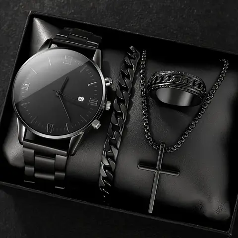 4-piece/set men's black minimalist quartz watch set with bracelet, necklace, and ring -