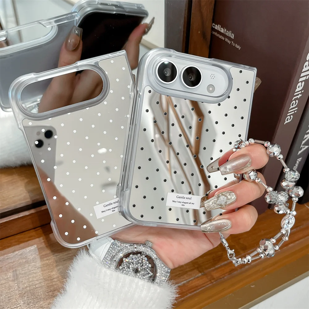Polka Dot Mirror Phone Case For iPhone Duo Makeup Mirror Hard Shell With Crystal Bead Chain Shockproof Print Phone Cover