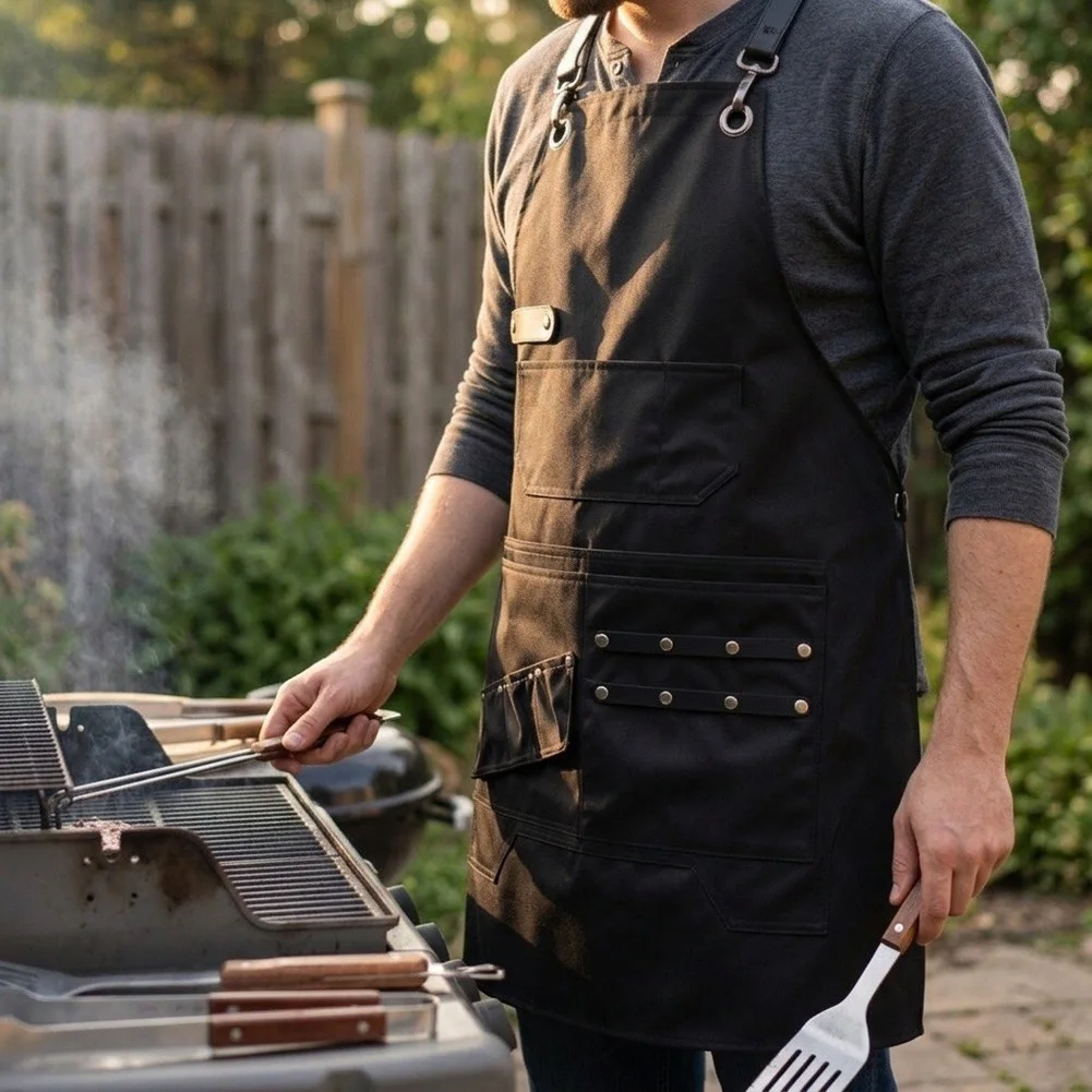 BBQ apron built with waterproof technology and oil resistance using heavy-duty polyester for grilling cooking and baking needs