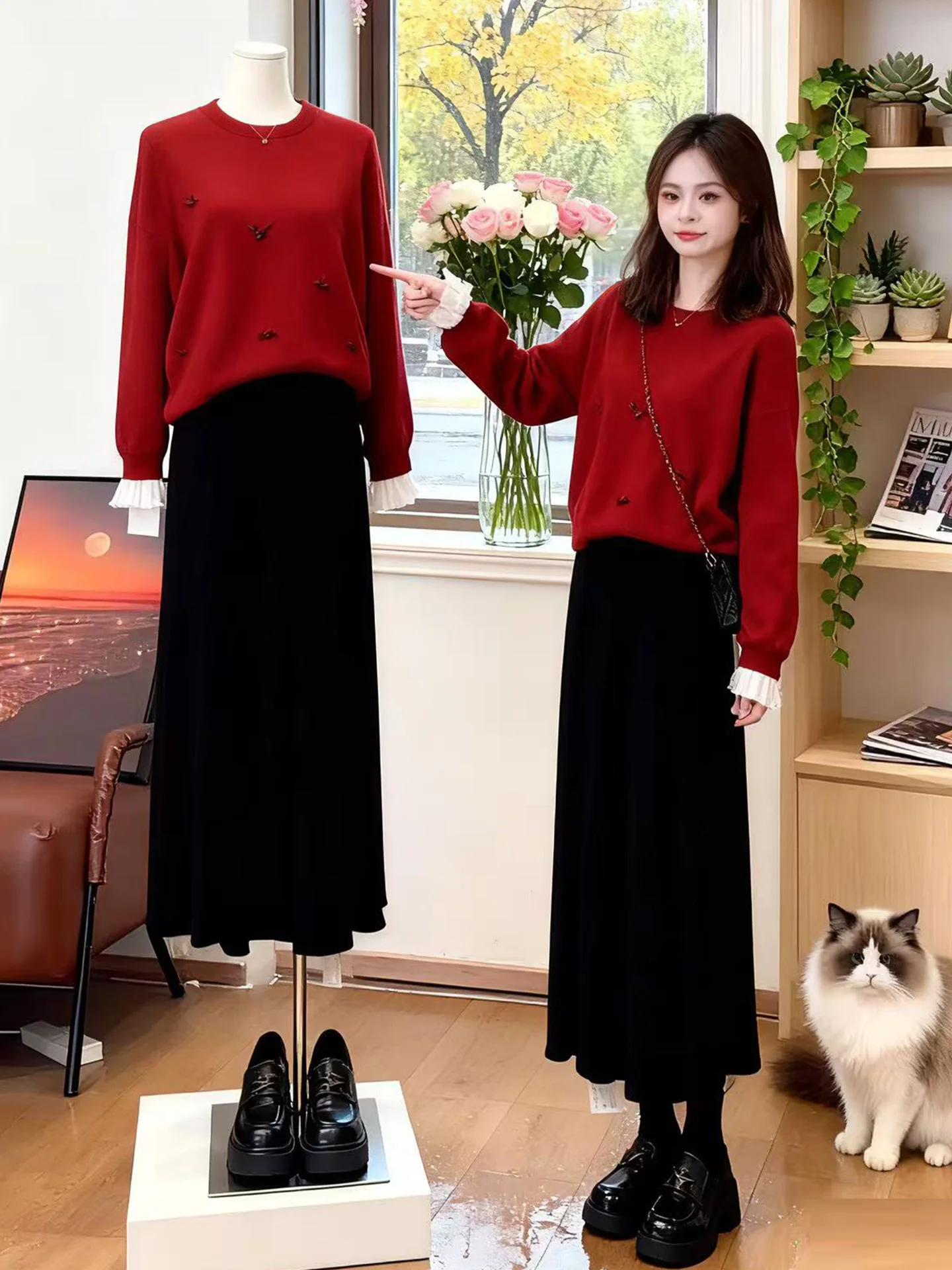 

Модный красный комплект из двух предметов: утягивающая юбка и топ с длинным рукавом, повседневный спортивный стиль, зимний вариант, женское платье с круглым вырезом