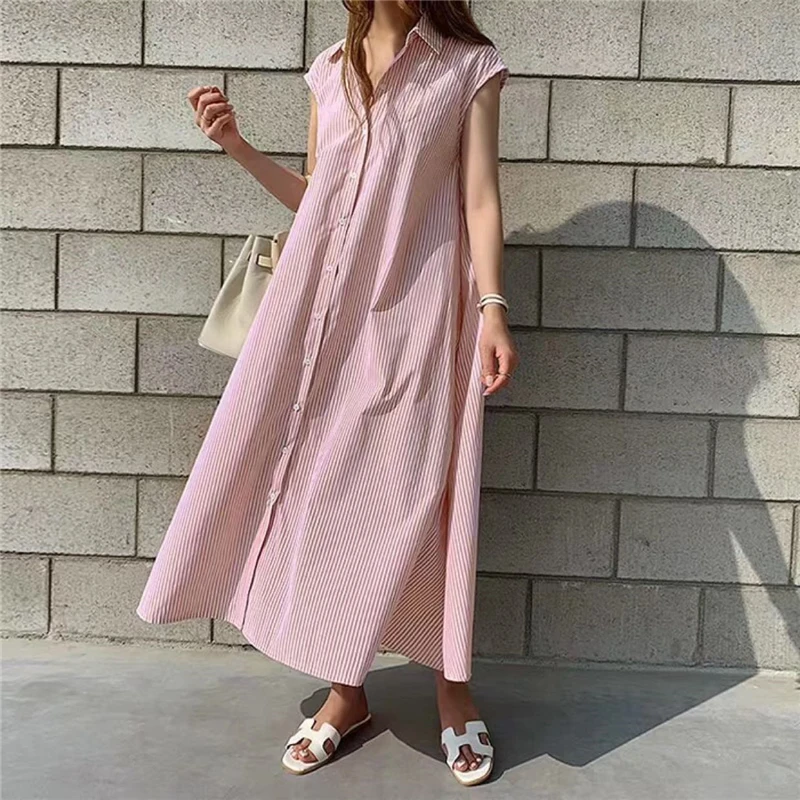 Damen Sommerkleid, neu, gestreift, mit Bindegürtel, schmal geschnitten, ärmellos, Midikleid, lässig, elegant, für Büro und Freizeit, mit Taschen, DR1970 – Detail 1