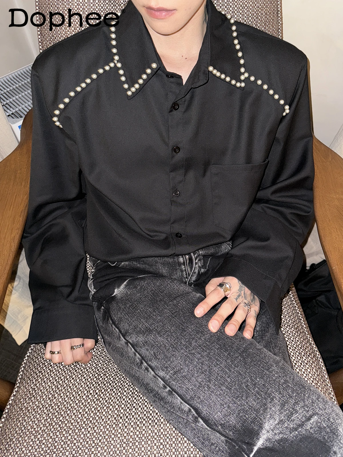 

2025 Autumn New Fashion Heavy Pearl Design Loose Shirt Personality Trendy Casual Long Sleeve Shirt for Men