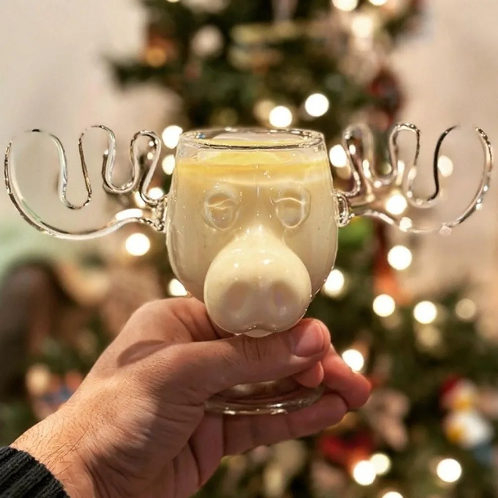 Creative Elk Glass Elk Glass Cup 240ML Reindeer Head Christmas Glass Cup Wine Glass Milk/Cocktail/Juice Reindeer Mug