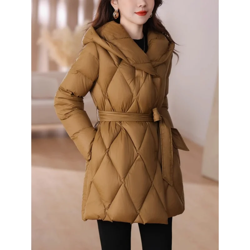 

Midi Length Hooded Thicker Warm Lace-up Waist-warming 90%Ultralight White Duck Down Single-Breasted Diamond Plaid Down Jacket