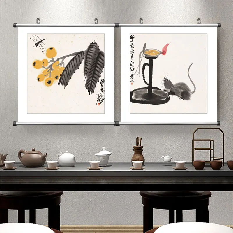 Teahouse Decor Chinese Famous Canvas Painting Qi Baishi Fruit Peach Zen Wall Art Poster Picture Print Office Living Room Home