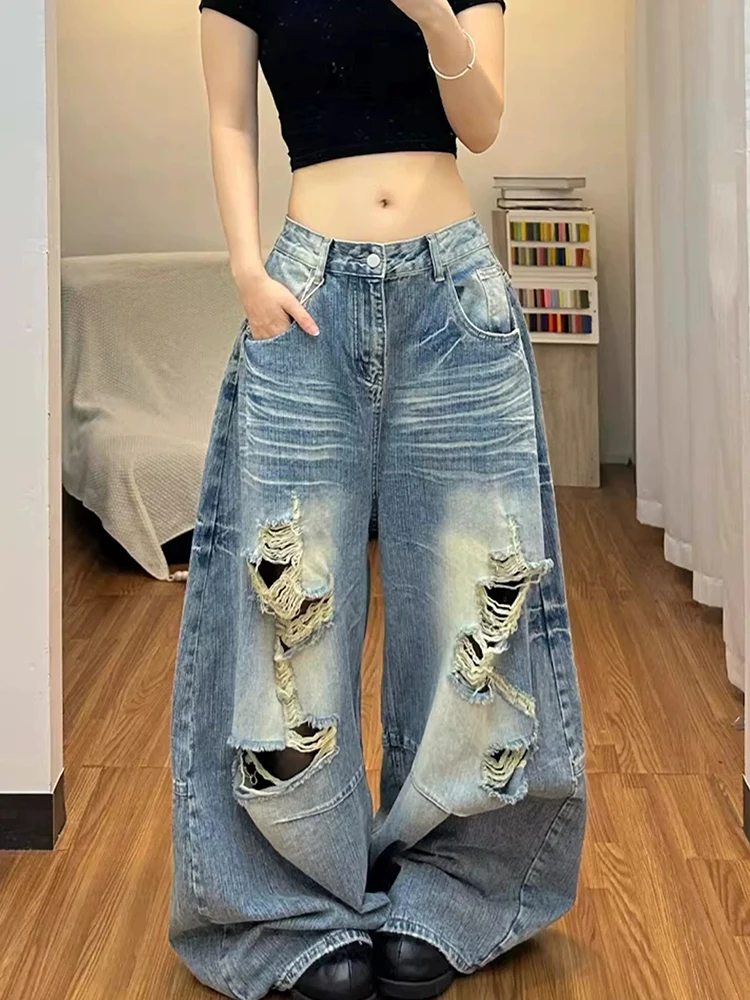 Y2K Jeans Women's Destroyed Ripped Baggy Wide-Leg Denim Pants American Street Style Vintage Washed Distressed Trousers