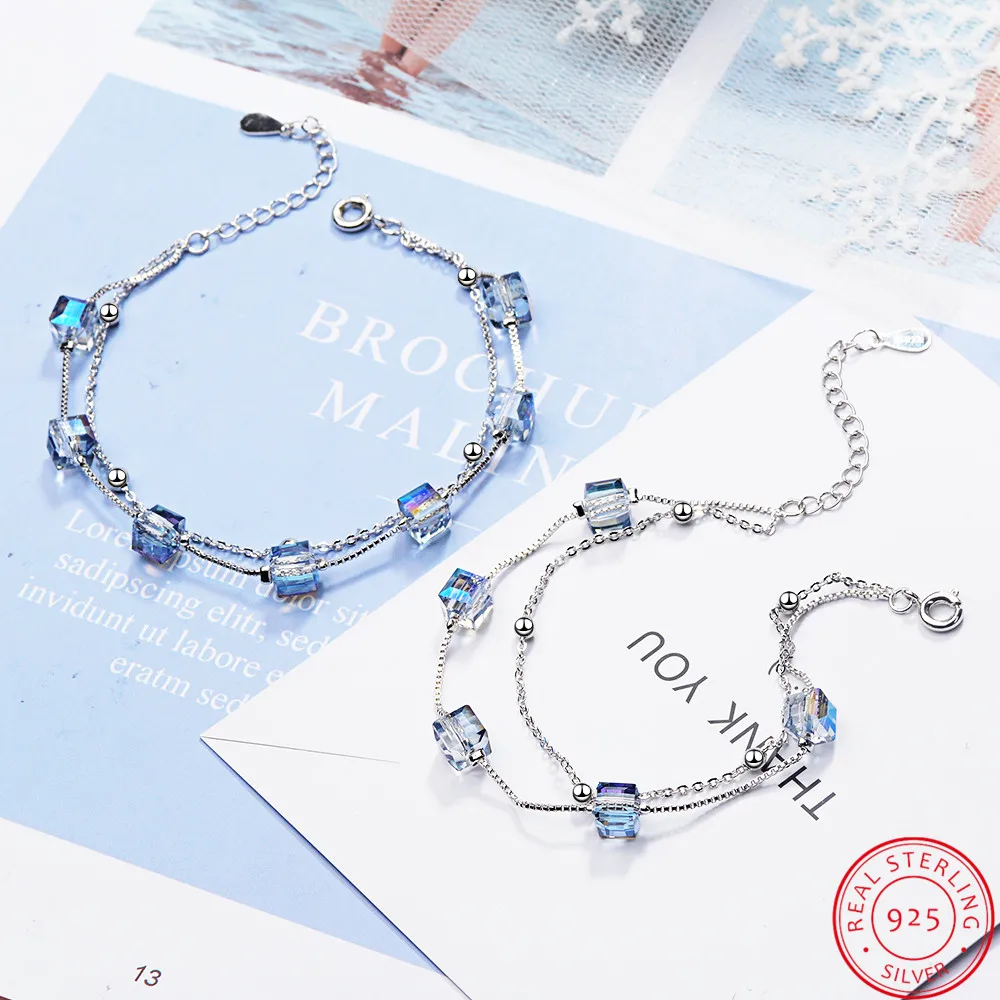 Square Natural Blue Crystal 925 Sterling Silver Double Layer Cube Bracelet Gemstone Fine Jewelry Pulseiras De Prata