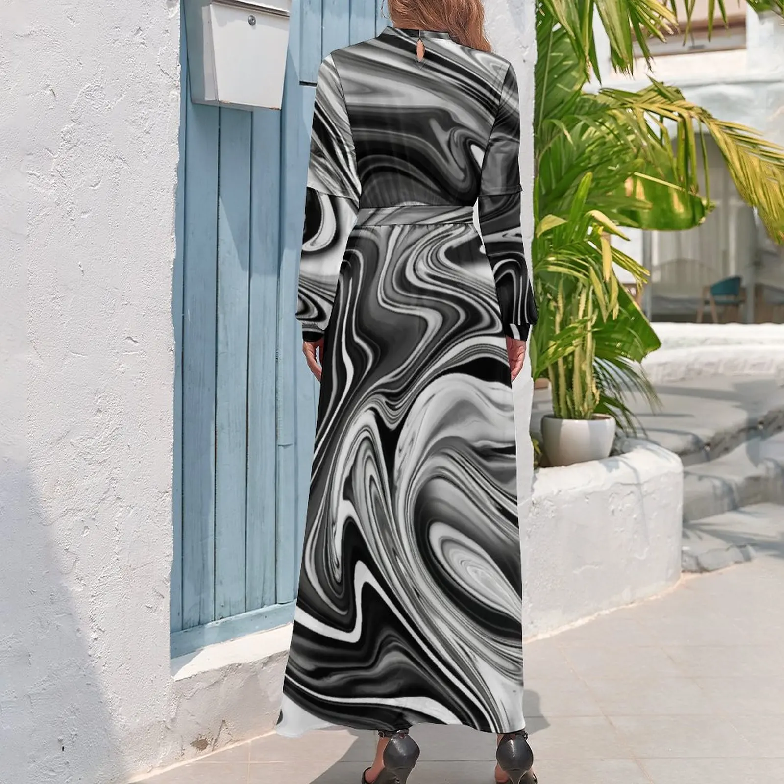 Liquid Black White Dress High Waist Elegant Marble Print Boho Beach Dresses Long Sleeve Streetwear Maxi Dress Elegant Vestidos