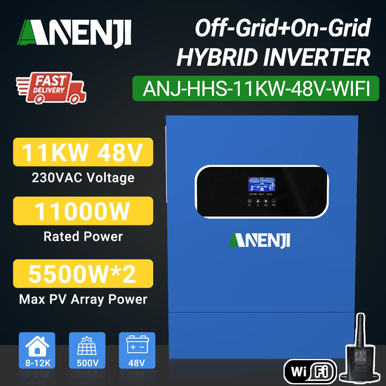11KW 48V Hybrid Solar Inverter With 2 MPPT 160A Solar Charge Controllers Pure Sine Wave On/Off Grid Inverter For 220VAC PV 500V