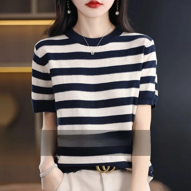 

Свободный вязаный шерстяной свитер в полоску, круглый Ne ort Sve, женский большой размер, лоскутный цвет, летний новый Sle для поездок на работу