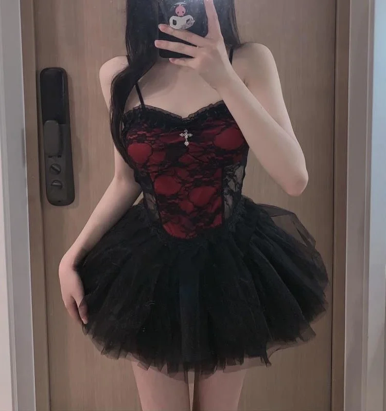 Conjunto de Disfraz de Actuación Estilo Gogo con Ribete de Encaje Oscuro, Temática de loween, Tela de Poliéster, Moderno p...