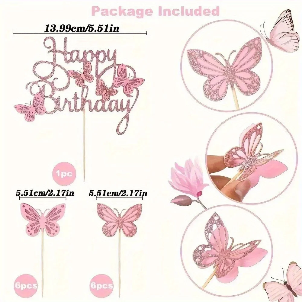 Rosa Schmetterlings-Kuchenaufsatz, 3D-Schmetterlings-Cupcake-Aufsatz für Mädchen und Frauen, alles Gute zum Geburtstag, Tortenaufsatz, Schmetterlings-Geburtstag – Detail 3