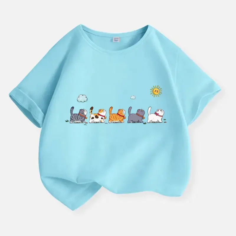 Children Tee Row Of Different Colored Collared Cat Walking With Sun Cloud Elements Short Sleeve Casual Lightweight Summer Kid To