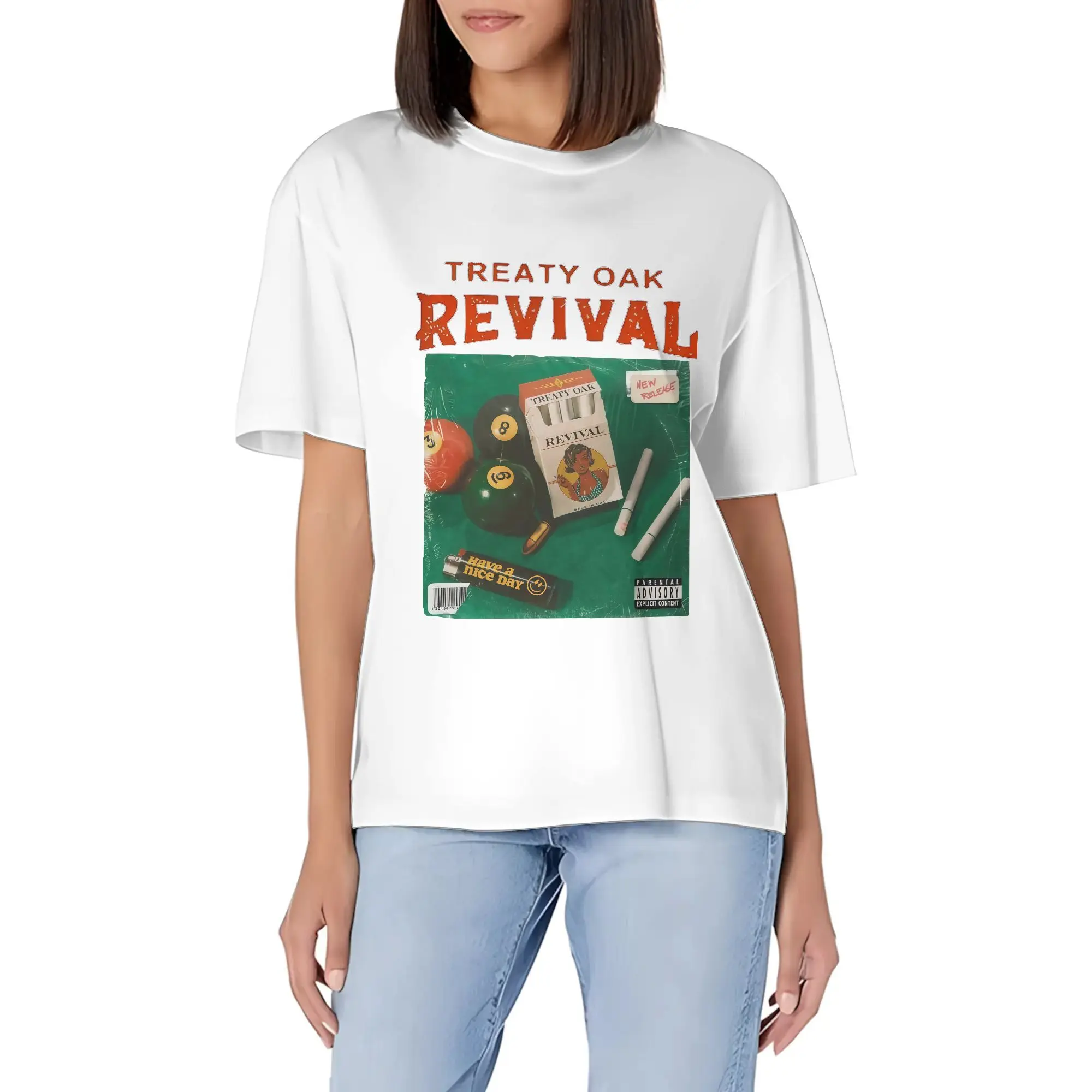 Music Style T   Shirt TREATY OAK REVIVAL Typography With Pool Balls, Cigarettes And Other Graphic Tops Tee Shirts