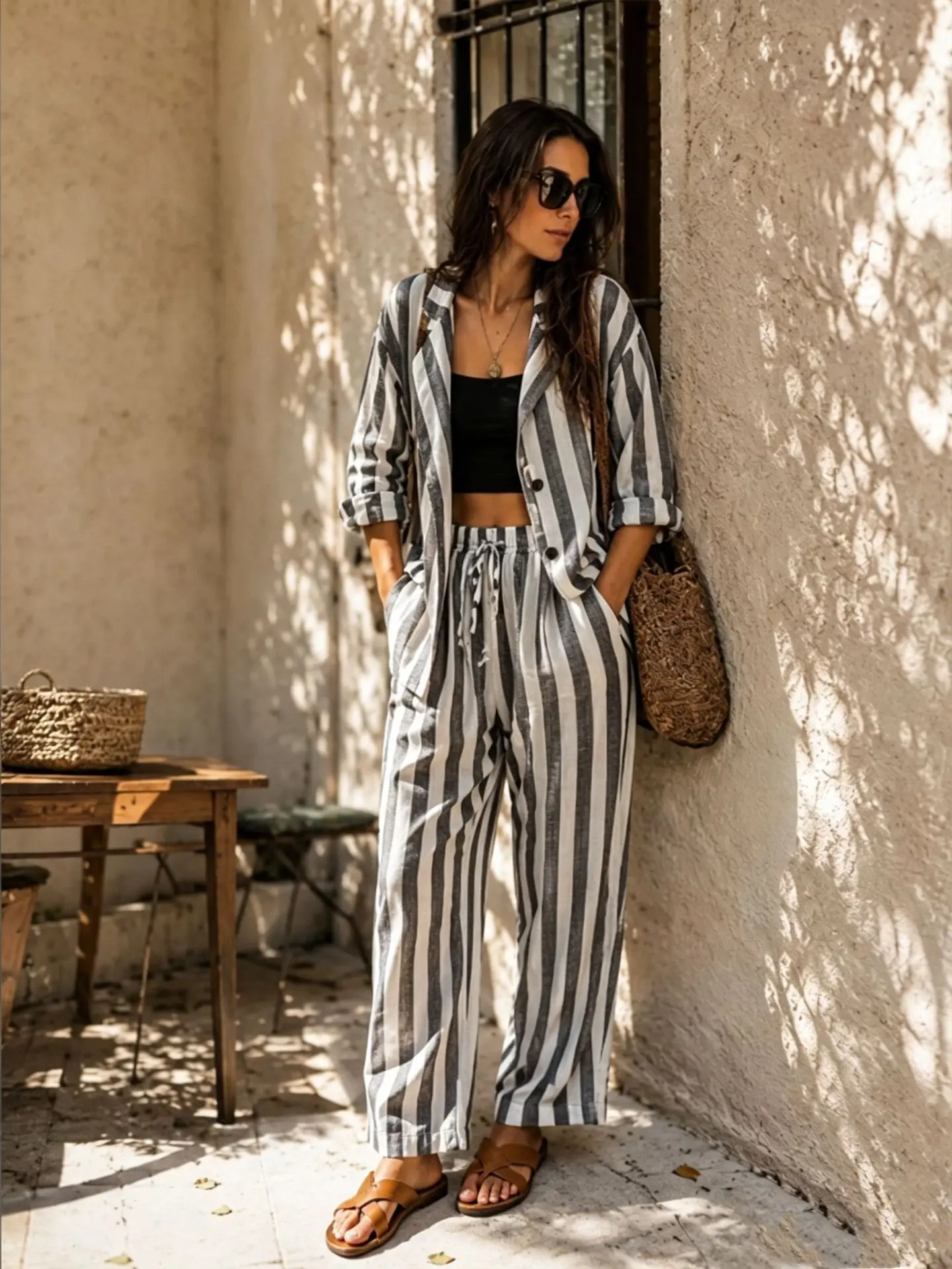 Two-piece Set 2026 Cross-border Amazon Independent Station Europe And America Autumn Fashion Holiday Striped Shirt Top Loose Pan