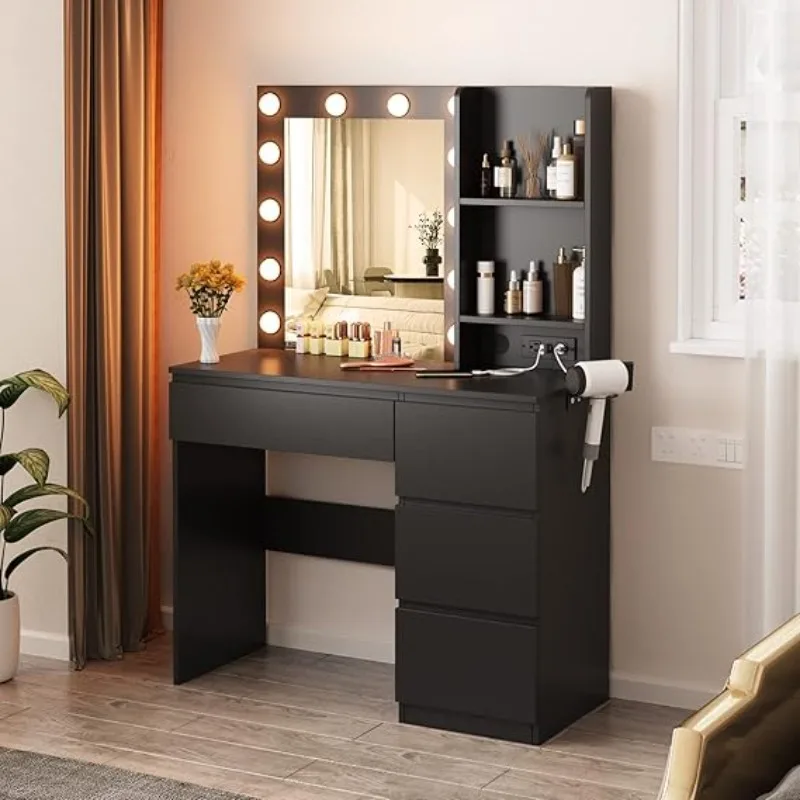 Makeup Vanity with Lights,Vanity Desk with Power Strip,4 Drawers Makeup Table with Lighted Mirror,3Lighting Colors,Black,37inch