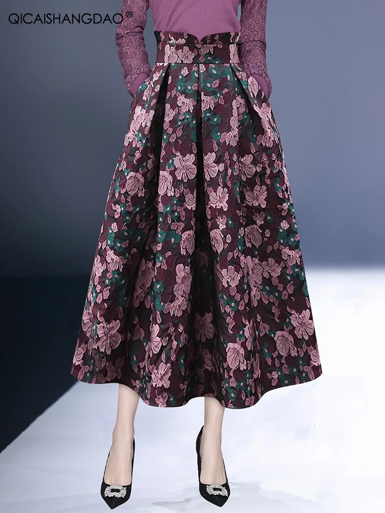 Women' Spring Summer Retro Floral Skirt High Waisted A-Line Pleated Flowy Big Swing Long Skirts With Pockets
