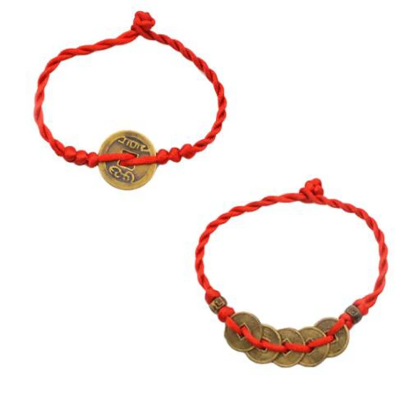 Lucky Five Emperor Money Real Copper Coin Bracelet Red String Chinese Traditional Feng Shui I Ching Year of Birth Braided Gift