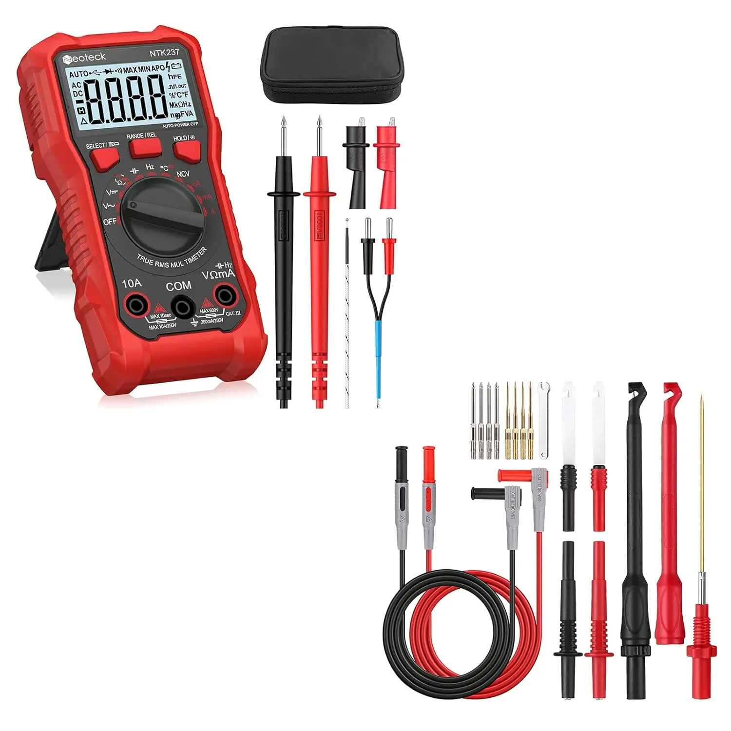 

Автомобильный диагностический комплект: мультиметр на 2000 отсчетов и 17 зондов для прокалывания проводов с NCV, позолоченными, для проверки проводов под напряжением