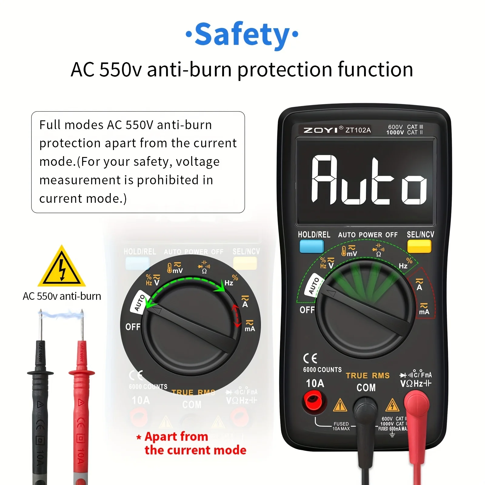 ZOYI 102A DigitalMultimeterLCD 6000 Counts Smart and Auto Model Multimeter,Ohm Volt Amp Voltage Tester,Continuity Tester fuse te