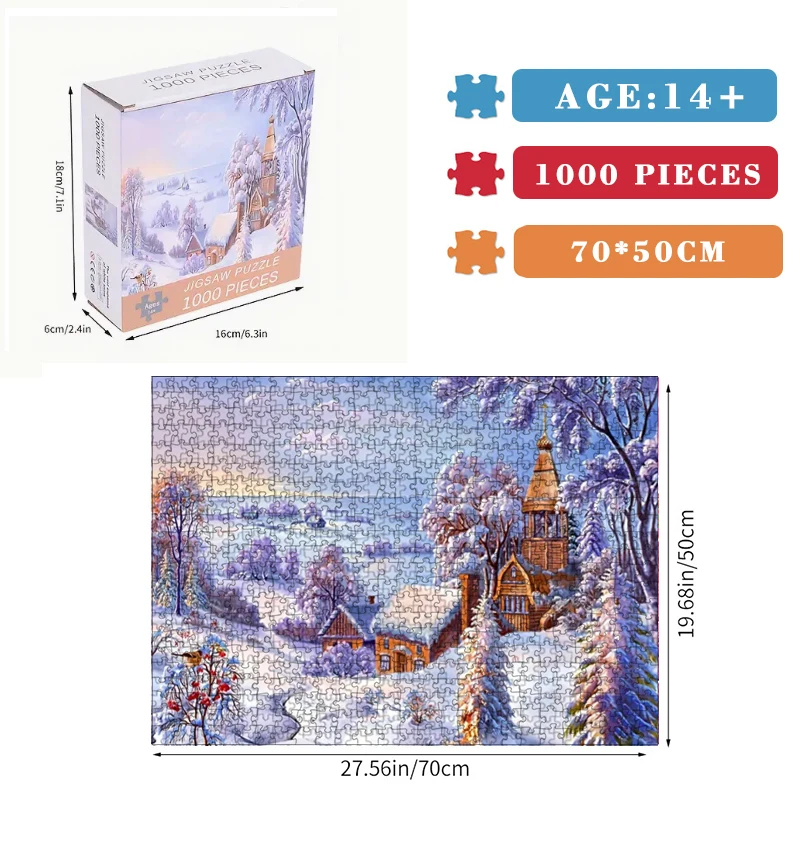 70cm*50cm 1000pcs Peaceful Snow Scene Jigsaw Puzzle Adult Stress Relief Beautiful Landscape Painting Puzzle Home Wall Decor