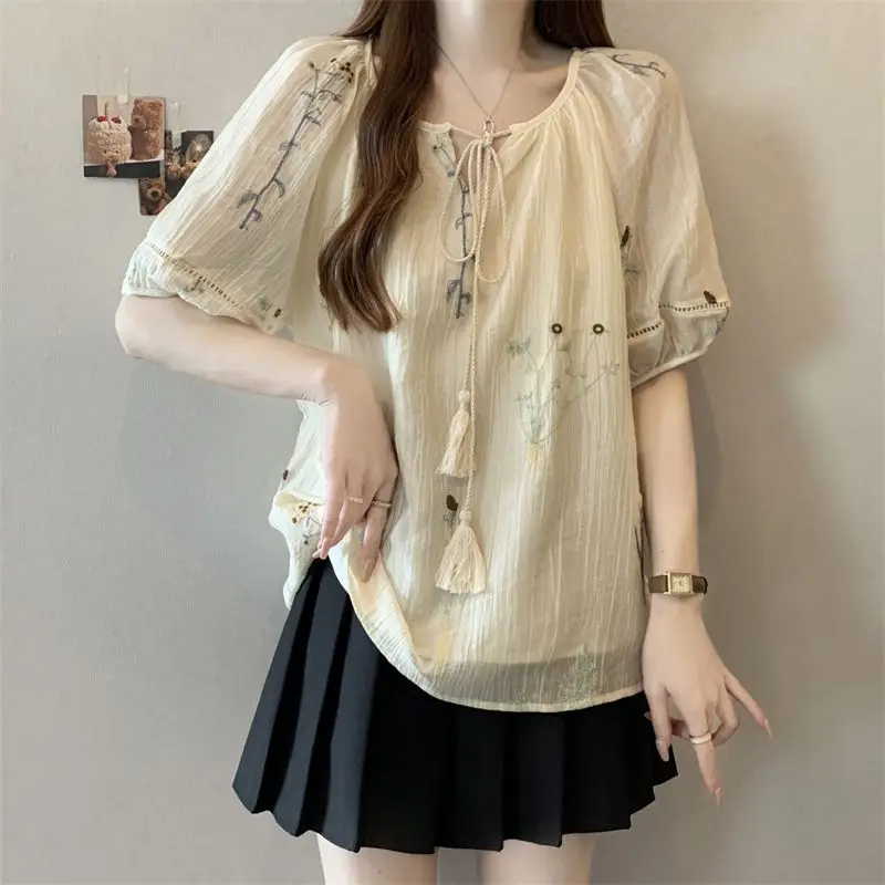 

Summer Resort Embroidered Tie-Waist Women's Short Sleeve Loose Shirt