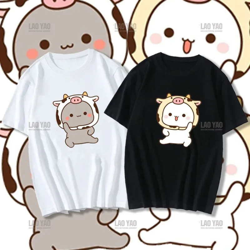 Peaches ash ash Short-sleev T-shirt Peach and ash ash Cosplay Cow Doing Sports Funny Cartoon Tees Harajuku Couple Tshirt Camisa