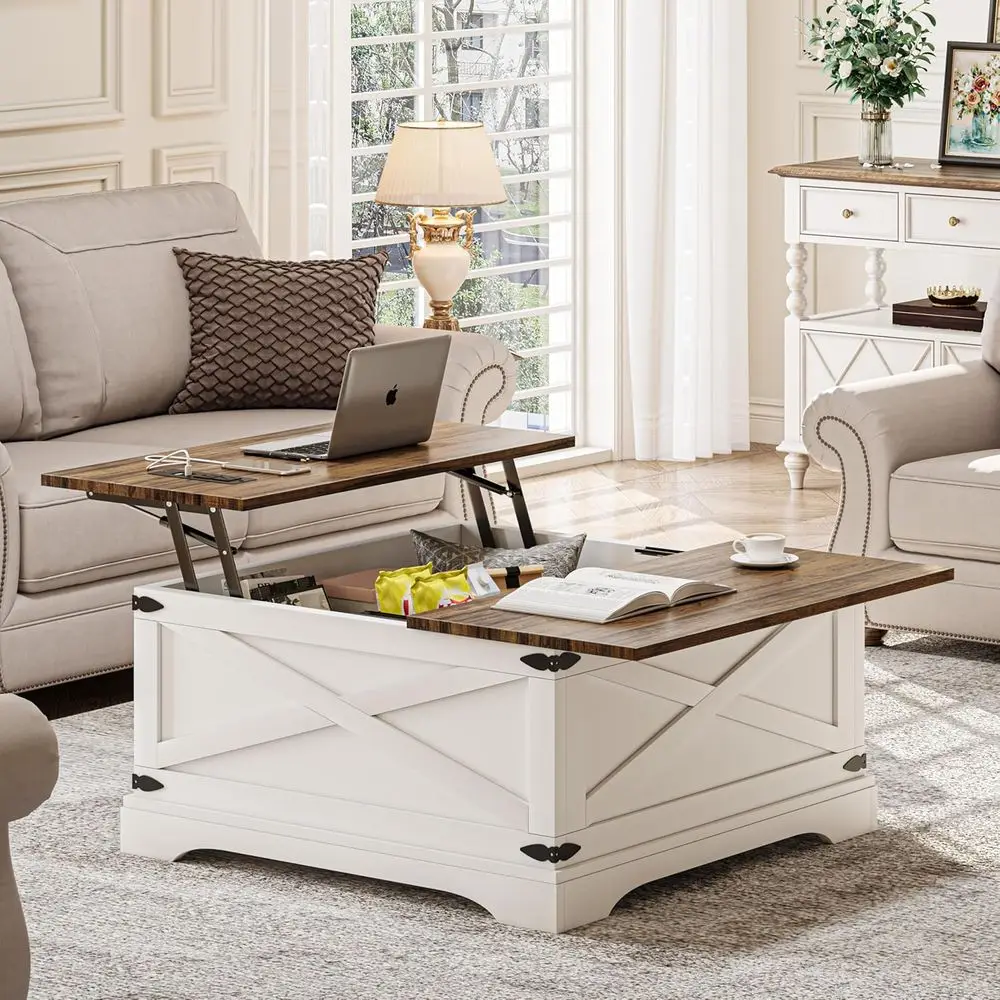 

White Farmhouse Dining Table with Storage and Charging Ports, 31.5 Square for Living Room