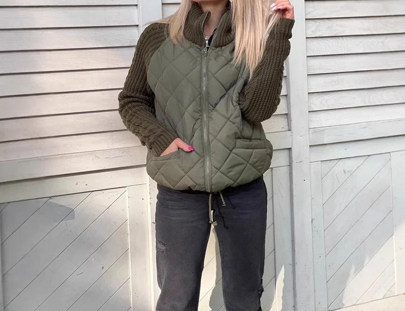 2025 Autumn and Winter New Fashion Sweater Patchwork Cardigan Stand Up Collar Women's Coat Cotton Jacket