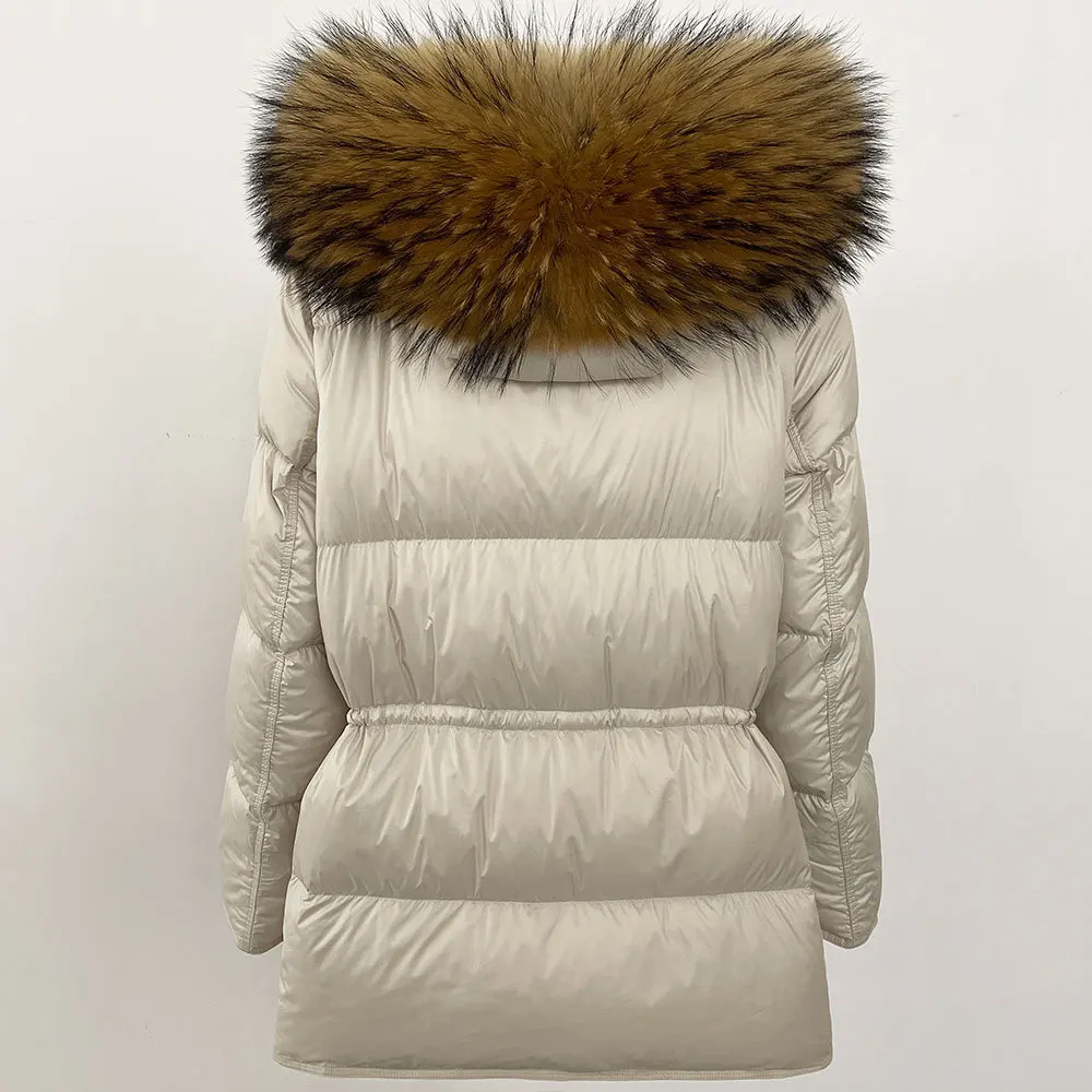 Veste en duvet de canard blanc pour femme, col en fourrure de renard, surdimensionnée, épaisse, mi-longue, à capuche, taille, hiver