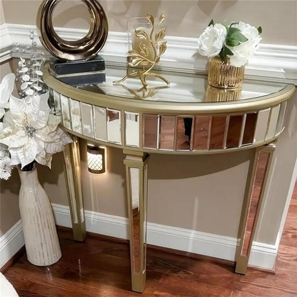 LUVODI Half-Round Mirrored Glass Console Table Modern Silver Curved Entryway Porch Desk for Porch,Living Room,Bedroom