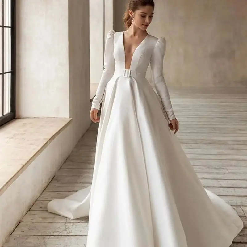 Classic Elegant Wedding Dresses A-Line Satin Bridal Gowns V-Neck Long Sleeves Robe For Formal Party Vestidos De Novia Customized