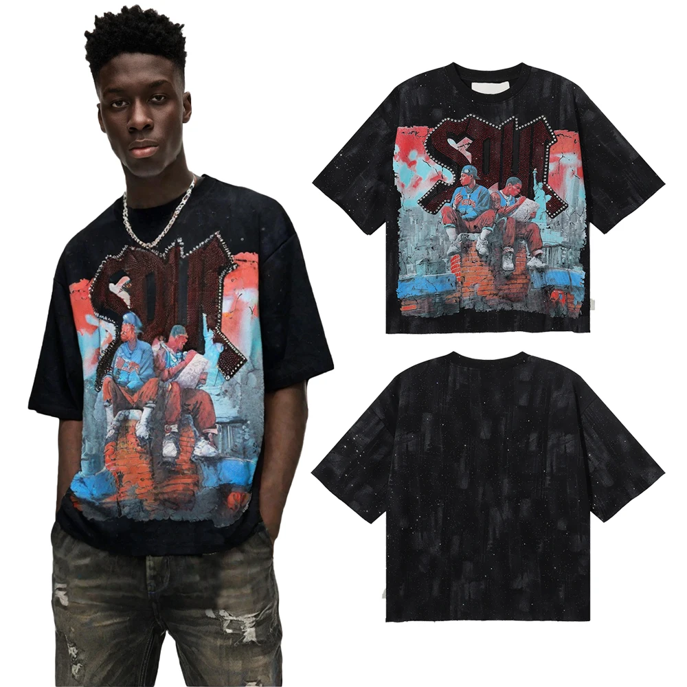 Summer Clothing Street Style Graphic T Shirts with Sequin Stree Twear Cotton Vintage Casual Distressed Printed Short Sleeve Tees