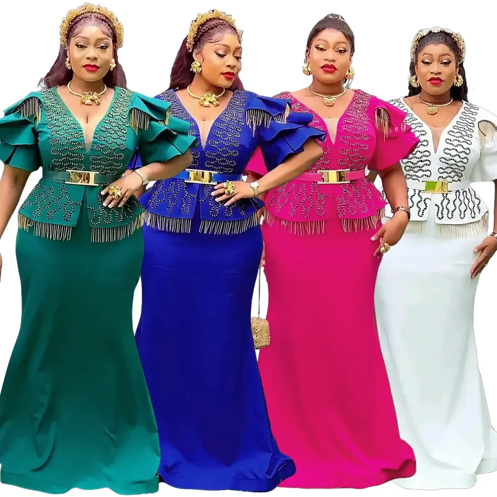 

2025 Elegant Plus Size African Wedding Party Dresses for Women Autumn V-neck Evening Long Maxi Dress Christmas Dress Outfits